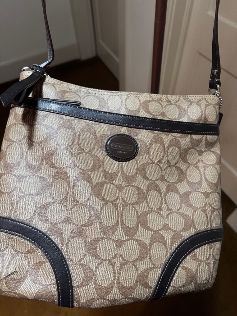 Coach Beige/Tan Signature Canvas Shoulder Bag with Brown Trim